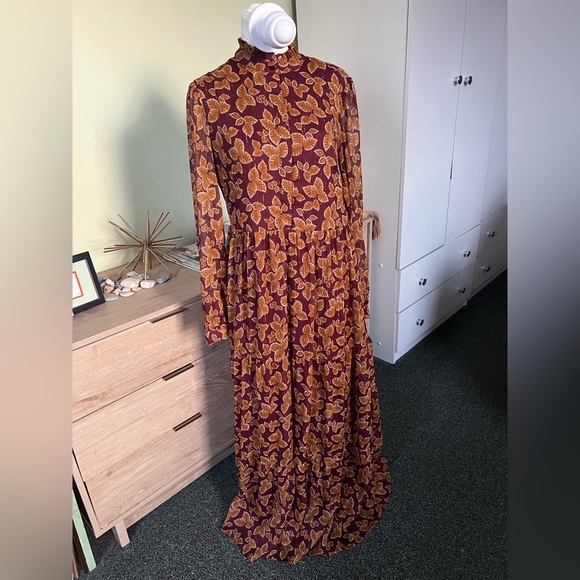 Maroon Orange Autumn Floral Chiffon Mockneck Midi Maxi Fit & Flare Modest Dress - Picture 5 of 17